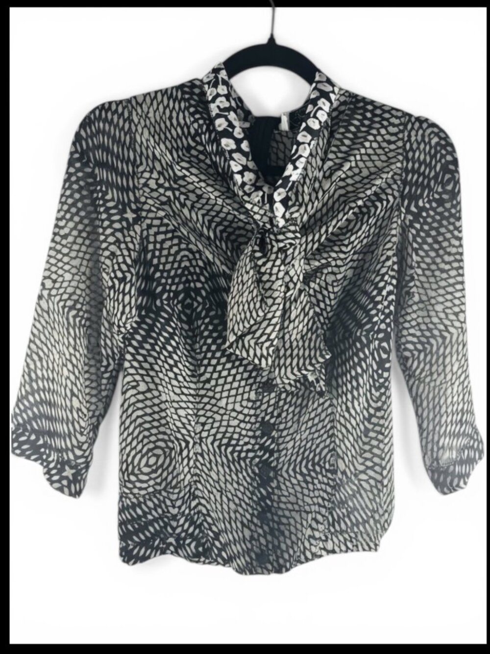 Byron Lars Black & White Semi Sheer Blouse Tie Front Women's Size 2 XS NWT